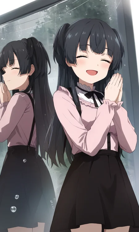 score_9, score_8_up, score_7_up, source_anime, diffRef, 1girl, long hair, blush, smile, open mouth, skirt, shirt, black hair, long sleeves, ribbon, brown eyes, closed eyes, :d, cowboy shot, frills, blunt bangs, black skirt, two side up, black ribbon, neck ribbon, multiple views, ^_^, suspenders, own hands together, rain, pink shirt, jirai kei, mayuzumi fuyuko