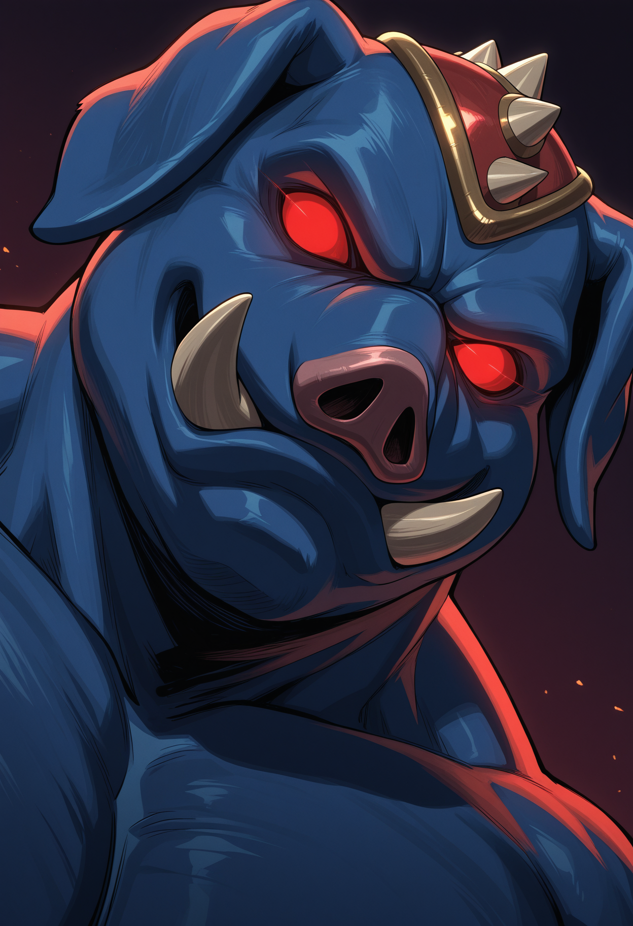 solo, male focus, ganon, pig, blue body, tusks, portrait, dutch angle, red eyes, glowing eyes, no pupils,
perfect anatomy, masterpiece, perfect quality, best quality, detailed, newest, very aesthetic    <lora:Ganon_TheLegendOfZelda_V1_ILXL:0.8500000000000002>