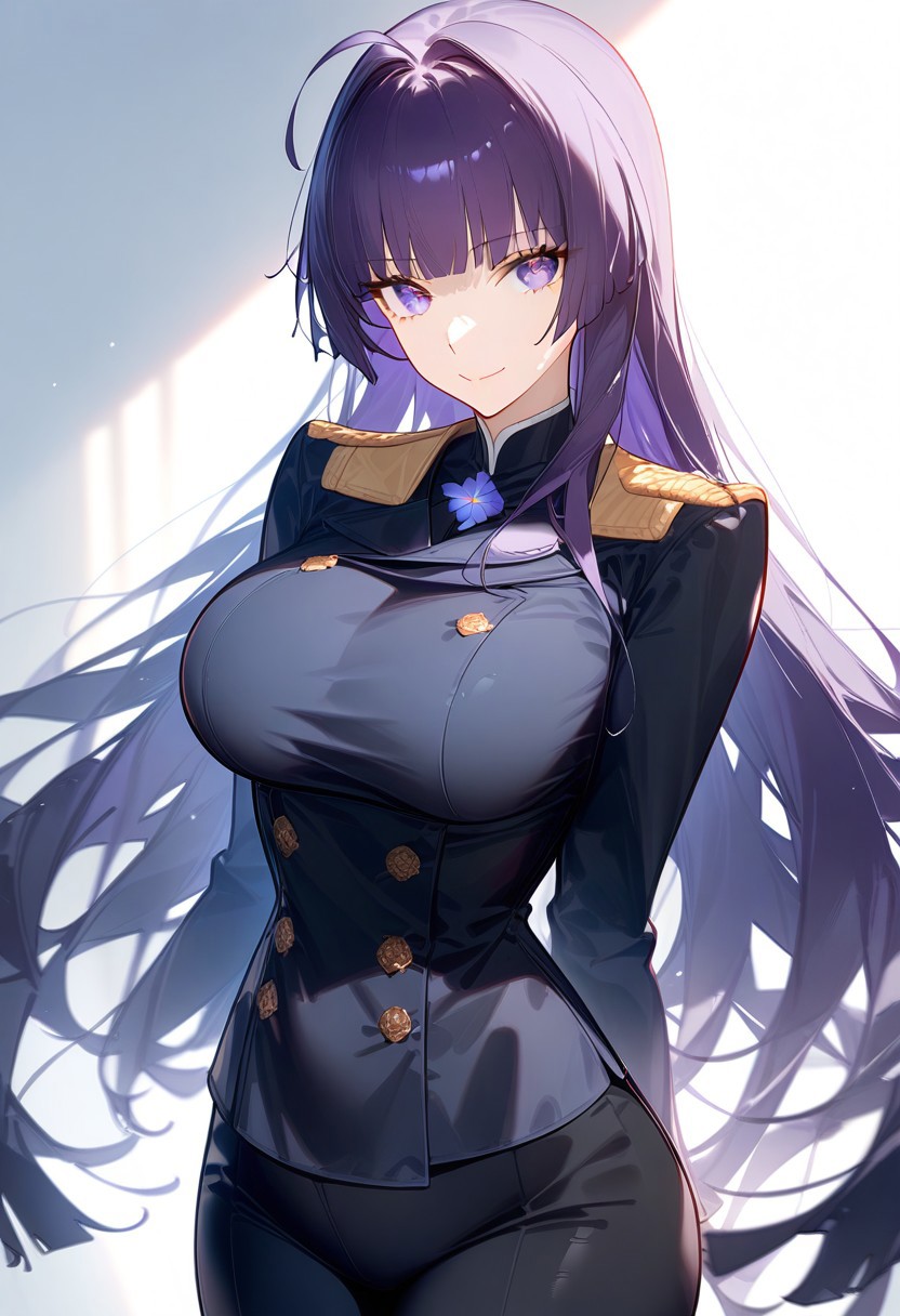 (score_9, score_8_up, score_7_up, source_anime) (masterpiece:1.2, best quality), (finely detailed eyes: 1.2) (ultra-detailed, hires), (detailed face, detailed eyes), (best illumination), detailed glow, high contrast, looking at viewer, ((solo)), emotionless, smile, squinted eyes, closed mouth, 1girl, solo, (large breasts, thin waist, wide hips), raiden_mei, ((dark_purple hair)), indigo eyes, long hair, blunt bangs, ((red peacoat, closed peacoat, black trousers)), face shot, cowboy shot, no background, empty background, (masterpiece, best quality, very aesthetic, absurdres), (ultra detailed perfect piece:1.2), illustration, masterpiece, (extremely detailed CG 8k), (very fine 8K CG), <lora:add-detail-xl:-1>