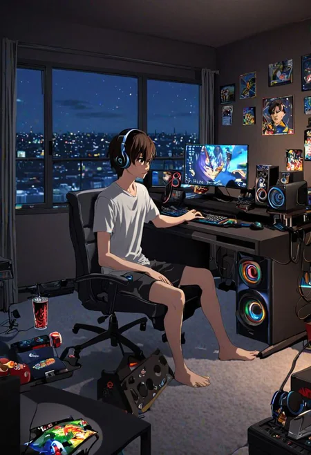 Highres, Masterpiece, High Quality, 4K, 8K, solo, 1Boy, Seiya Kanie, short dark brown hair, golden eyes, potarit, bed room, game room, comfortable, dark walls, RGB lights, quiet, window, night view, keyboard, pc, mouse, laptop, mattress, headset, speakers, stickers, soda drinks, snacks,, easynegative, detailed_eye_model