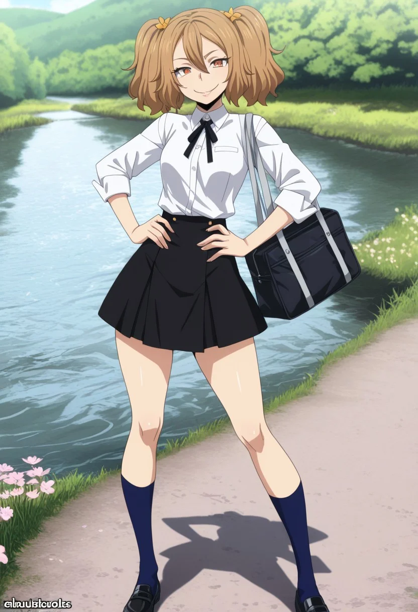 masterpiece,best quality,amazing quality, masterpiece, best quality, very aesthetic,
LovUEruza, light brown hair, EruBrownEyes, EruPigtails, EruHairpins, styding uniform, EruBeigeStydingVest, EruWhiteShirt, EruBlueRibbon, EruBlackSkirt, EruDarkBlueSocks, EruBlackShoes,
standing , student bag, silly pose, looking at you, hands on hips, mischievous smile,
from slightly above,
outdoors, river, blooming sakura,