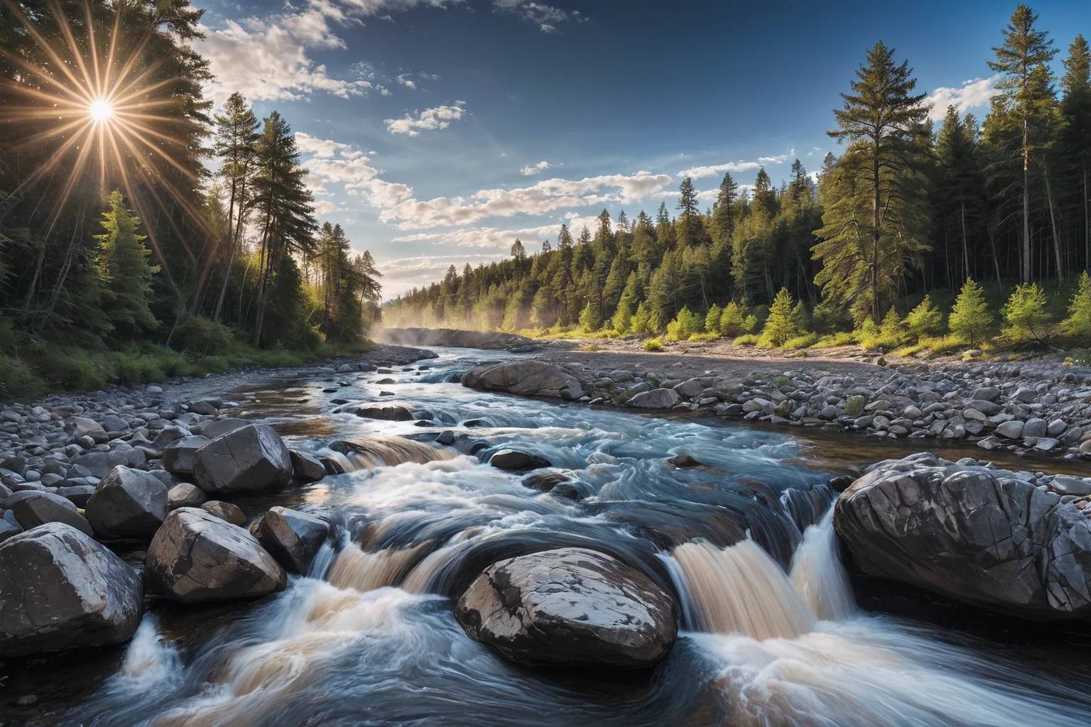professional photo of a river with rocks and water running through it and a blue sky with clouds above it and a few trees, Allan Brooks, river, a stock photo, naturalism, insane details, cinematic light, detailed, color grading, sunrise <lora:Instant_landscaper_XL:0.7>