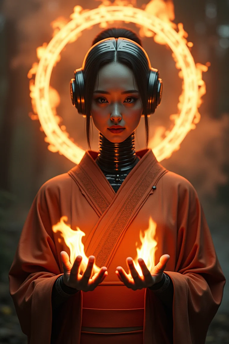A fiery halo surrounds a stoic robotic woman adorned in traditional Japanese kimono sleeves. Her mechanical face remains expressionless as flames dance at her fingertips, casting warm hues on the darkened background. The air is thick with smoke and mystery.