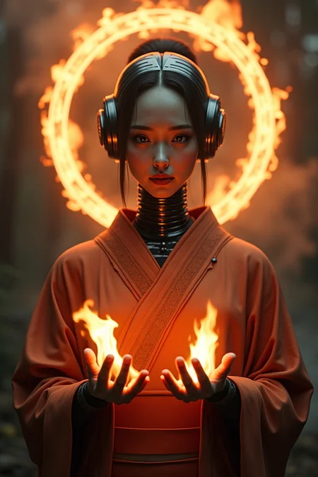 A fiery halo surrounds a stoic robotic woman adorned in traditional Japanese kimono sleeves. Her mechanical face remains expressionless as flames dance at her fingertips, casting warm hues on the darkened background. The air is thick with smoke and mystery.
