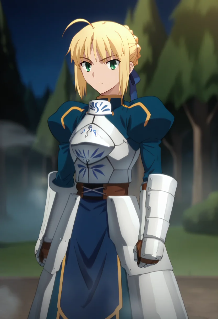 score_7_up, animescreencap,
<lora:FateStayNightUBW_SaberXL:0.9>, SaberFS,
1girl, solo,
blonde hair, green eyes, short hair, french braid, ahoge,
SaberArmor, breastplate, blue dress, gauntlets, juliet sleeves, faulds,
standing, looking at viewer,
outdoors, night, blue theme, fog, forest