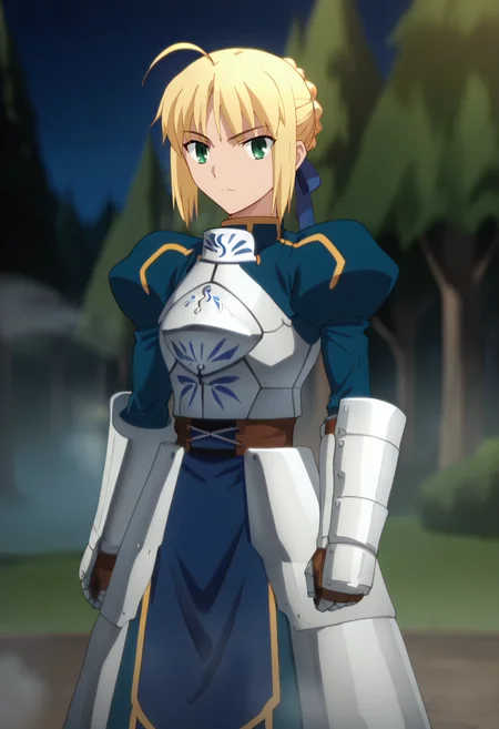 score_7_up, animescreencap,
<lora:FateStayNightUBW_SaberXL:0.9>, SaberFS,
1girl, solo,
blonde hair, green eyes, short hair, french braid, ahoge,
SaberArmor, breastplate, blue dress, gauntlets, juliet sleeves, faulds,
standing, looking at viewer,
outdoors, night, blue theme, fog, forest