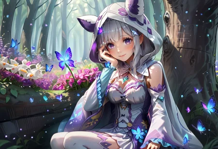 score_9,score_8_up,score_7_up,score_6_up,score_5_up,score_4_up,<lora:Anime_Style_For_Pony:0.9>,source_anime,perfect eyes,<lora:Emilia_ReZero_pony:0.9>,emilia_rezero_pony,1girl,animal hood,blue butterfly,blush,bug,butterfly,cape,detached sleeves,frilled sleeves,frills,glowing butterfly,hand on own face,holding flower,hood,hood up,long hair,long sleeves,looking at viewer,medium breasts,outdoors,purple eyes,sitting,smile,solo,sunlight,tree,white cape,white flower,white hair,white skirt,white thighhighs,wide sleeves,