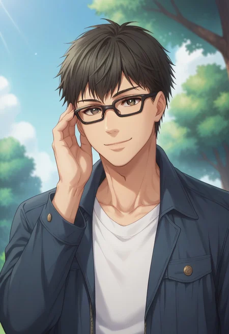 score_9, score_8_up, score_7_up, source_anime, highly detailed, slender, skinny
shimakaido, 1boy, male focus, glasses, solo, looking at viewer, shirt, black hair, upper body, jacket, white shirt, black-framed eyewear, smile, closed mouth, adjusting eyewear,
outdoor, sky, tree