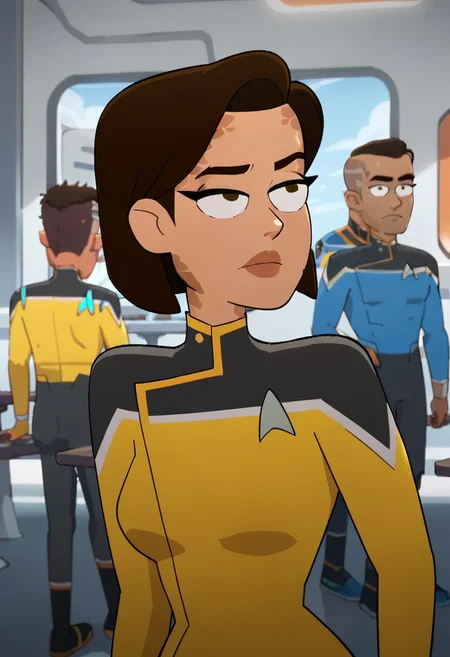 score_9, score_8_up, score_7_up, Barnes, trill birthmarks, short hair, brown hair, yellow uniform, star trek background