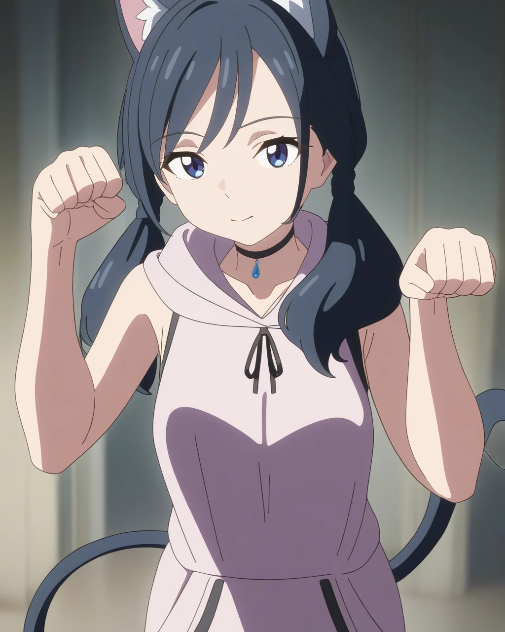 best quality,masterpiece,highres,absurdres,1girl,solo,newest,rating: general, <lora:Paw_pose_XL:0.7> ,(paw pose,standing),cat ears,tail, <lora:Amano_Hina_XL:0.75> ,(hina_xl, twintails, blue eyes, low twintails, hood, black choker, sleeveless, anime coloring)