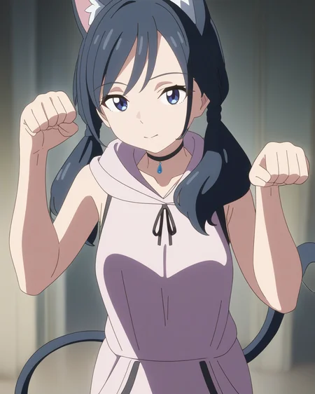 best quality,masterpiece,highres,absurdres,1girl,solo,newest,rating: general, <lora:Paw_pose_XL:0.7> ,(paw pose,standing),cat ears,tail, <lora:Amano_Hina_XL:0.75> ,(hina_xl, twintails, blue eyes, low twintails, hood, black choker, sleeveless, anime coloring)