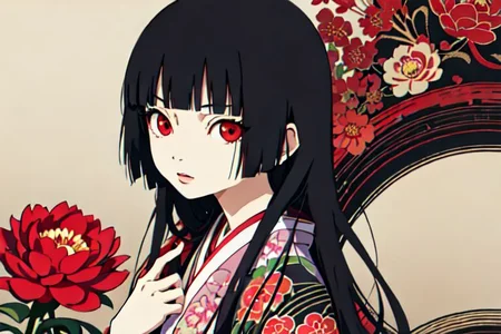 enma ai, hair down, hair black, bangs, eyes red, masterpiece, best quality, ultra-detailed, illustration, 1girl, solo, highres, photorealistic, ultra high res, (Original illustration composition), (fusion of limited color,Maximalism artstyle, kimono obi fashion, double exposure, background, illustration, Amazing, lily spider, night darkness, open one's mouth, middle finger show, bouquet flowers red, low twintails, (polychromatic peony:1.15), Movie poster,