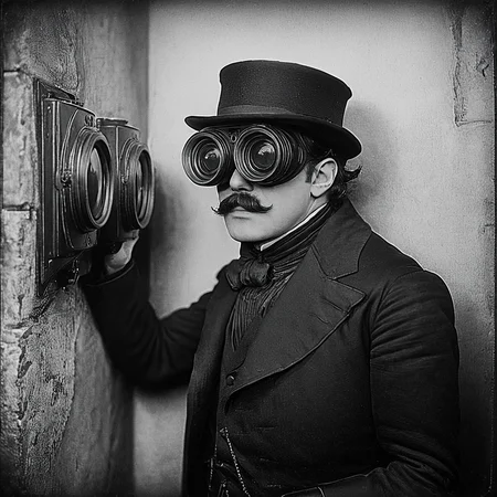 <lora:10s_Retro_Future_MovieSDXL:1> ArsMovieStill, movie still from a 1910s retro future movie, The image shows a man wearing a top hat and goggles looking through a pair of binoculars while standing in front of a wall., greyscale, 1boy, monochrome, hat, male focus, solo, top hat, facial hair, realistic, goggles