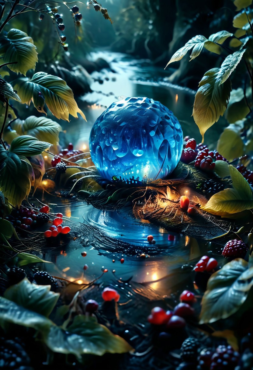 (8k analog nature photography:1.2), (a beautiful landscape:1.1) Extreme realism,  Insanely realistic, with a river in the distance, shiny sapphire (crystal:1.2) berries ,<lora:Bio-Luminescence:1> bioluminescent, glowing, focus on the fruit.  bioluminescent, glowing, detailed , detailed style, perfect, Night, darkness,
