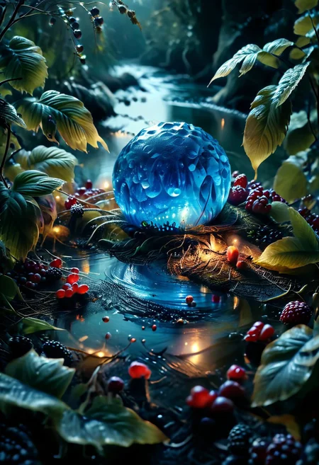 (8k analog nature photography:1.2), (a beautiful landscape:1.1) Extreme realism,  Insanely realistic, with a river in the distance, shiny sapphire (crystal:1.2) berries ,<lora:Bio-Luminescence:1> bioluminescent, glowing, focus on the fruit.  bioluminescent, glowing, detailed , detailed style, perfect, Night, darkness,