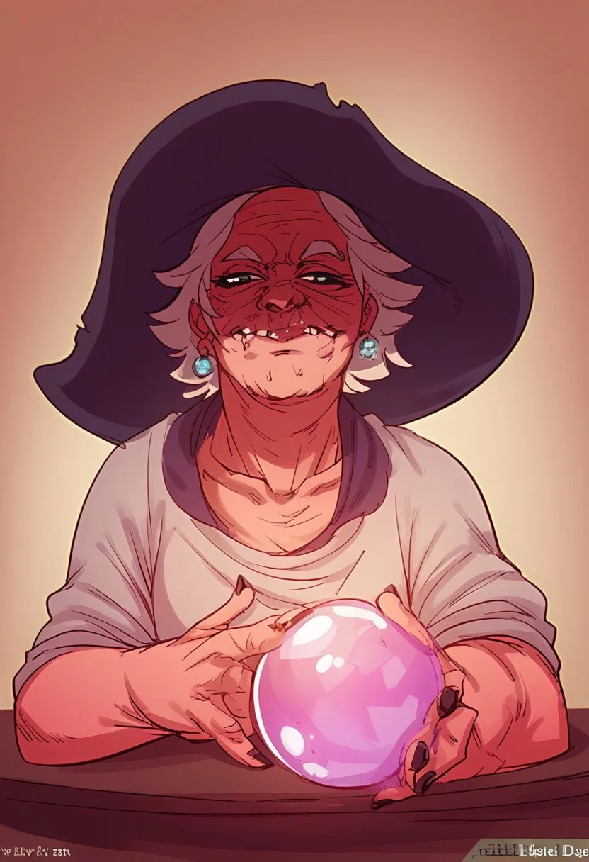 score_9, score_8_up, score_7_up, score_6_up, score_5_up, score_4_up, 1girl, witch, elderly woman, witch hat, hud_cryst4l_b4ll, glowing, crystal ball, orb, upper body, table, nail polish