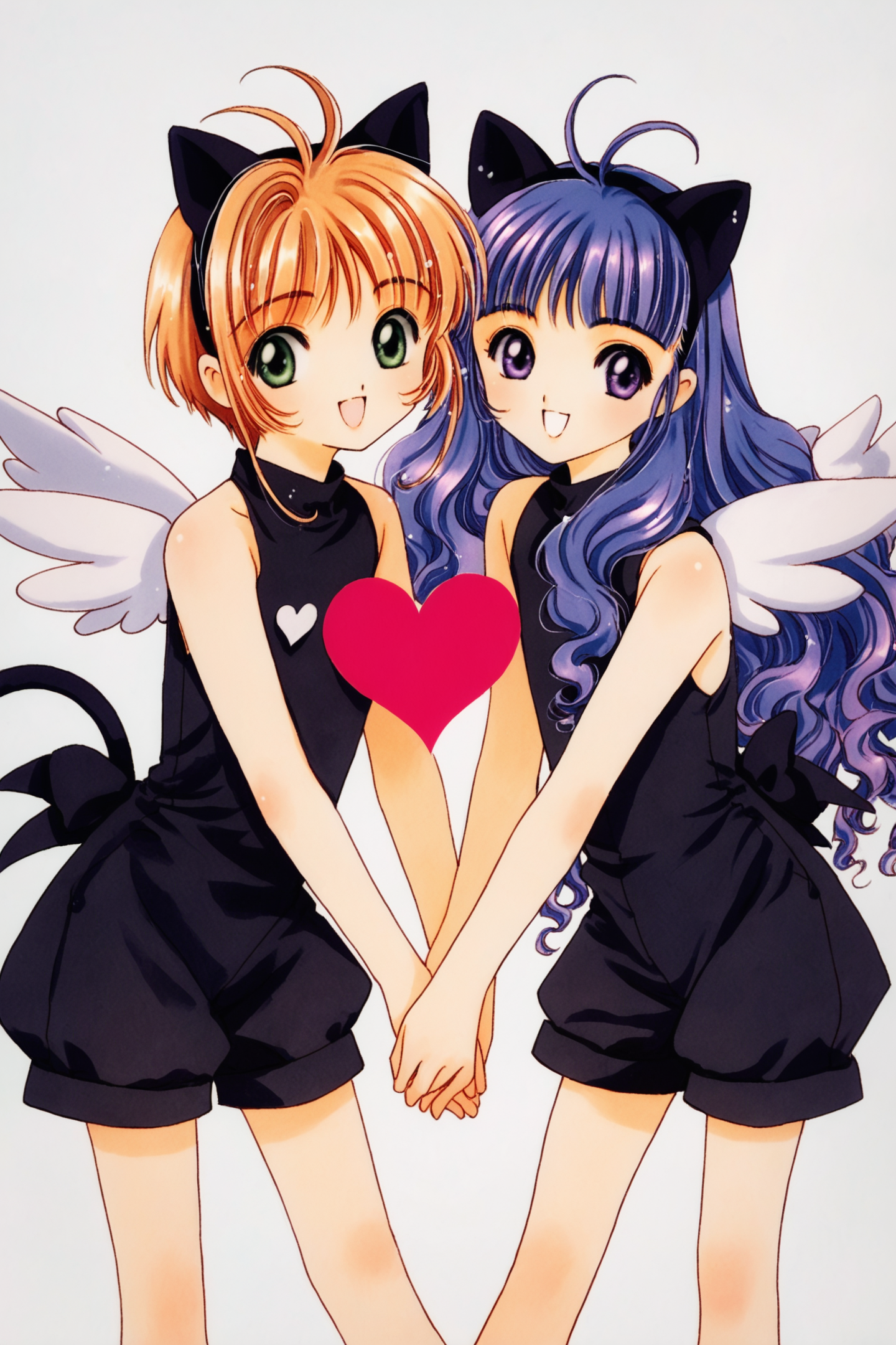 daidouji tomoyo,multiple girls,animal ears,2girls,cat ears,kinomoto sakura,long hair,1990s (style),smile,wavy hair,wings,bangs,green eyes,heart,white background,dress,retro artstyle,short hair,blunt bangs,looking at viewer,open mouth,holding hands,fake animal ears,brown hair,black dress,simple background,shorts,hairband,:d,sleeveless,cowboy shot,antenna hair,purple eyes,purple hair,white wings,bare shoulders,leaning forward,sleeveless dress,black shorts,short dress,standing,blue hair,score_9,score_8_up,<lora:Card Captor Sakura_XL_PONY:0.8>,