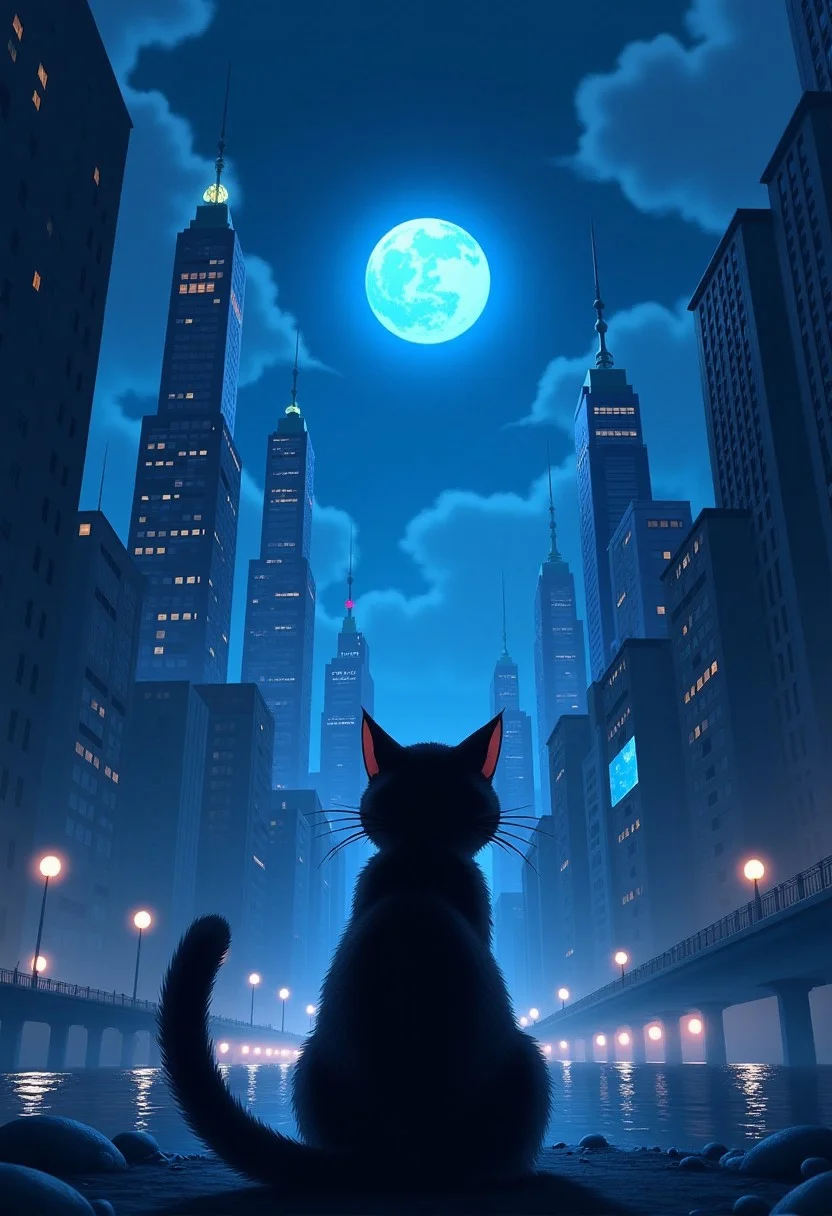 High quality, high resolution, high definition,
A magical city with faint neon lights on the skyscrapers, a planet emitting blue light, with the view from behind a cat looking down at the city, anime style