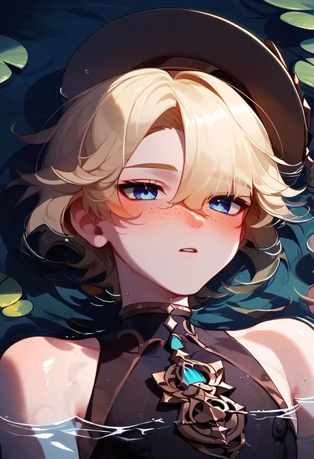 score_9, score_8_up, score_7_up, solo, 1boy, freminet,  genshin impact, male_focus, blush, freckles, blonde hair, blue eyes, young, hat, lake, submerged, relaxing, partially submerged, flat chest, detailed face, textured skin, shiny skin, skindentation, solo focus, very aesthetic, seductive, flirty, at night, Expressiveh, anatomically correct, rating_suggestive