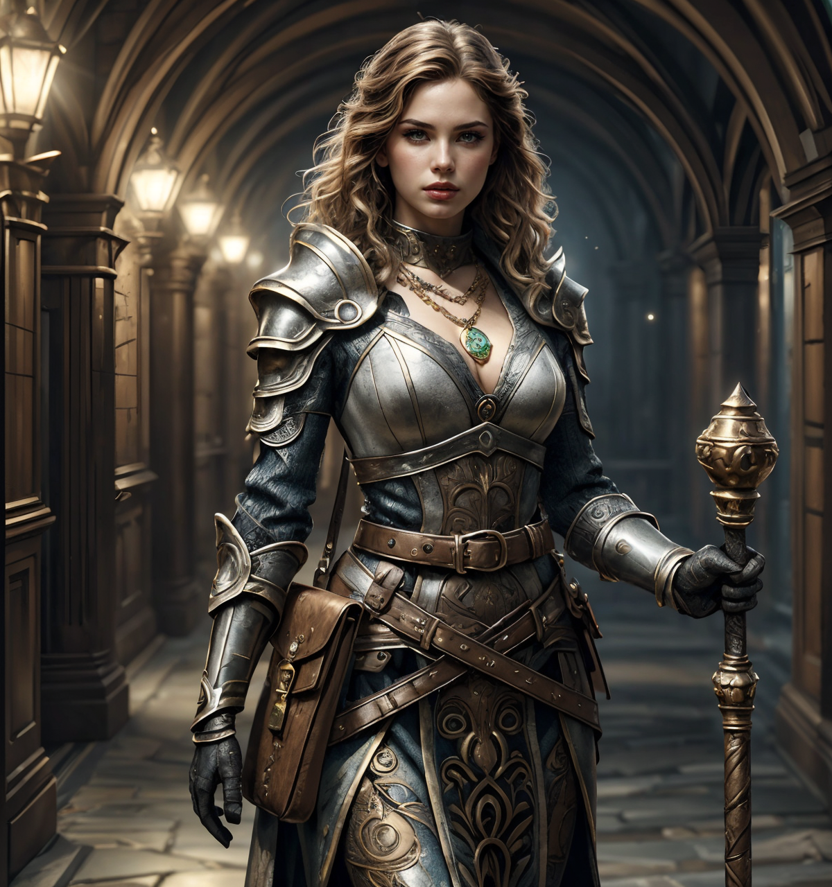 RAW photo, (masterpiece:1.3), subsurface scattering, heavy shadow, (high quality:1.4), (intricate, high detail:1.2), professional photography, HDR, High Dynamic Range, realistic, ultra realistic, photorealistic, high resolution, film photography, ambient lighting, atmospheric effects, <lora:detail_slider_v4:2>, OverallDetail, a female cleric,  <lora:Clerics:0.7>, armor, bag, belt, upper body, gauntlets, holding, magic, necklace, solo, weapon, white gloves, epiCPhoto,  <lora:cleavage:-1>