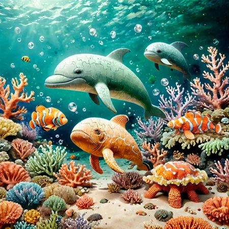 Underwater world of puzzles”
Draw an ocean where all the inhabitants - fish, corals, algae and even bubbles - are made up of puzzles. In the center of the scene is a huge whale, assembled from blue and green puzzles, and around him swim colorful jellyfish, which are not yet fully assembled. At the bottom of the ocean lies a shipwreck, which is slowly assembled from puzzles.
