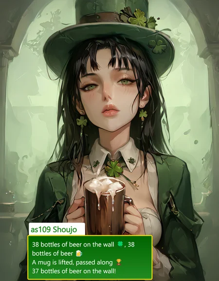 score_9, score_8_up, score_8, medium breasts, (ultra realistic,32k, masterpiece:1.2), (high detailed skin:1.1), (high quality:1.1),  
(upper body, portrait:1),  
ShamrockWorld, clover, four-leaf clover, light particles, solo,  
corset, long sleeves, collared dress, solo, flushed cheeks, unfocused gaze, mouth slightly open, mid-laugh, head tilting, mug raised too high, some beer spilling, disheveled hair, (top hat), holding, belt, cup, no humans, holding cup, alcohol, mug, green headwear, hat feather, beer, beer mug, clover, four-leaf clover, green cape, green capelet,  
volumetric lighting, mood lighting, low lights, soft light, hazy, intricate details, rating_explicit, (ultra realistic, 32k, masterpiece:1.2), (high detailed skin:1.1), (high quality:1.1), bokeh, luminescent background, zPDXL, ral-cltc, Expressiveh, Shoujo Uraroji, Long black hair, Dark eyes, fair skin, Lace details, Doll-like appearance, Delicate features, Formal dress style, shoujo01,green eyes,long hair,black hair,