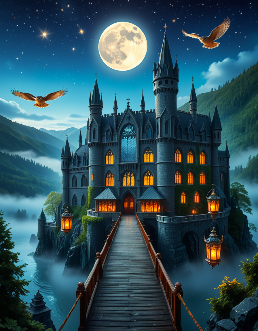 A majestic, ancient castle perched on a rocky hill, serving as a prestigious school for young wizards. The castle is a grand structure with towering spires, intricate gothic architecture, and large stained-glass windows that glow with magical energy. The stone walls are covered in ivy, and enchanted lanterns float around the entrance, casting a soft, mystical glow. A massive wooden bridge leads to the main gate, suspended over a misty, enchanted lake that reflects the moonlight. In the background, rolling green hills and dense, fog-covered forests surround the school, adding an air of mystery. The sky is a deep twilight blue, with stars twinkling and a full moon shining brightly. Some windows in the castle emit warm, golden light, hinting at classrooms filled with spellbooks and students practicing magic. A few owls are seen soaring above, delivering messages. The atmosphere is magical, mysterious, and full of wonder, as if the castle itself is alive with enchantments.
<lora:SDXLFaeTastic2400:0.4> <lora:extremely_detailed:0.4> extremely detailed, <lora:ancient_c4stl3:1>,ancient c4stl3, Masterpiece,best quality,hi res,8k,hi res,8k,award winning,(sharp focus, intricate, highly detailed),