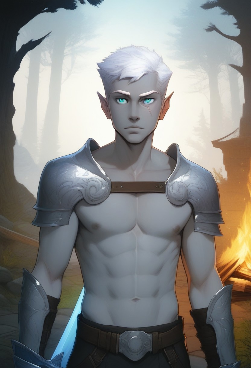 score_9, score_8_up, score_8, score_7_up, male, perfect eyes, detailed irises, small irises, pupils, detailed eyebrows, detailed eyelids, standing, natural stance, facing away from viewer, 25 years old, handsome, relaxed expression,  narrow mouth, ((pale grey tipped ears)), (half_elf:0.5), dark elf, (((grey skin))), ((white hair)), (((short white hair))), short cut sides, perfect eyebrows, symmetrical eyebrows, ((white eyebrows)), grey ears, pointed_ears:0.5, (pointed human ears), eyebrow scar on left side of face, cheek scar, ((detailed turquoise eyes)), 1boy, solo, sexy, athletic, abs:0.5, (shirtless, chest strap), shoulder armor, half cape, gauntlets, ((sword-over-shoulder, weapon over shoulder, (((crossguard hilt))), hilt over shoulder))), (pitch black sword) strapped to back, vox machina style, solo, at night, warlock, fantasy, forest background, (dynamic lighting:1.1), campfire
((masterpiece)), dynamic angle