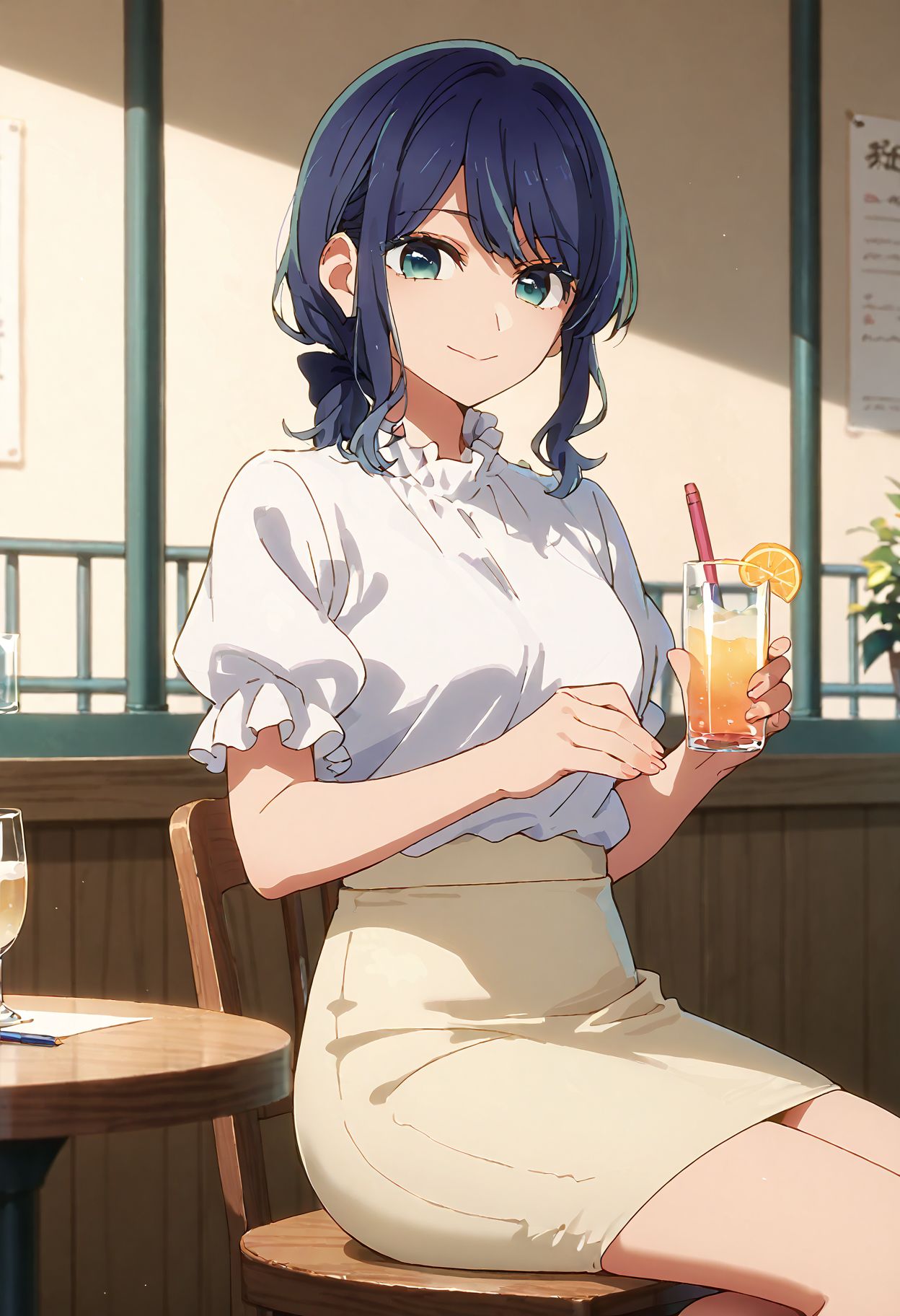 score_9,score_8_up,score_7_up,masterpiece, best quality, <lora:WHM 0.2v:0.5>, WHM, 2D,anime,  
<lora:HandFixer_pdxl_Incrs_v1:0.5>,   
kurokawaakane, 1girl, solo, pencil skirt,, looking at viewer, short sleeves, smile, blue hair,, aqua eyes, sitting, medium hair, blouse, , bangs, closed mouth, yellow skirt, , puffy short sleeves, frilled sleeves, low ponytail, sidelocks, black bow, hair bow, <lora:kurokawaakane_pony2:1>   cowboy shot,smile, drinking glass,