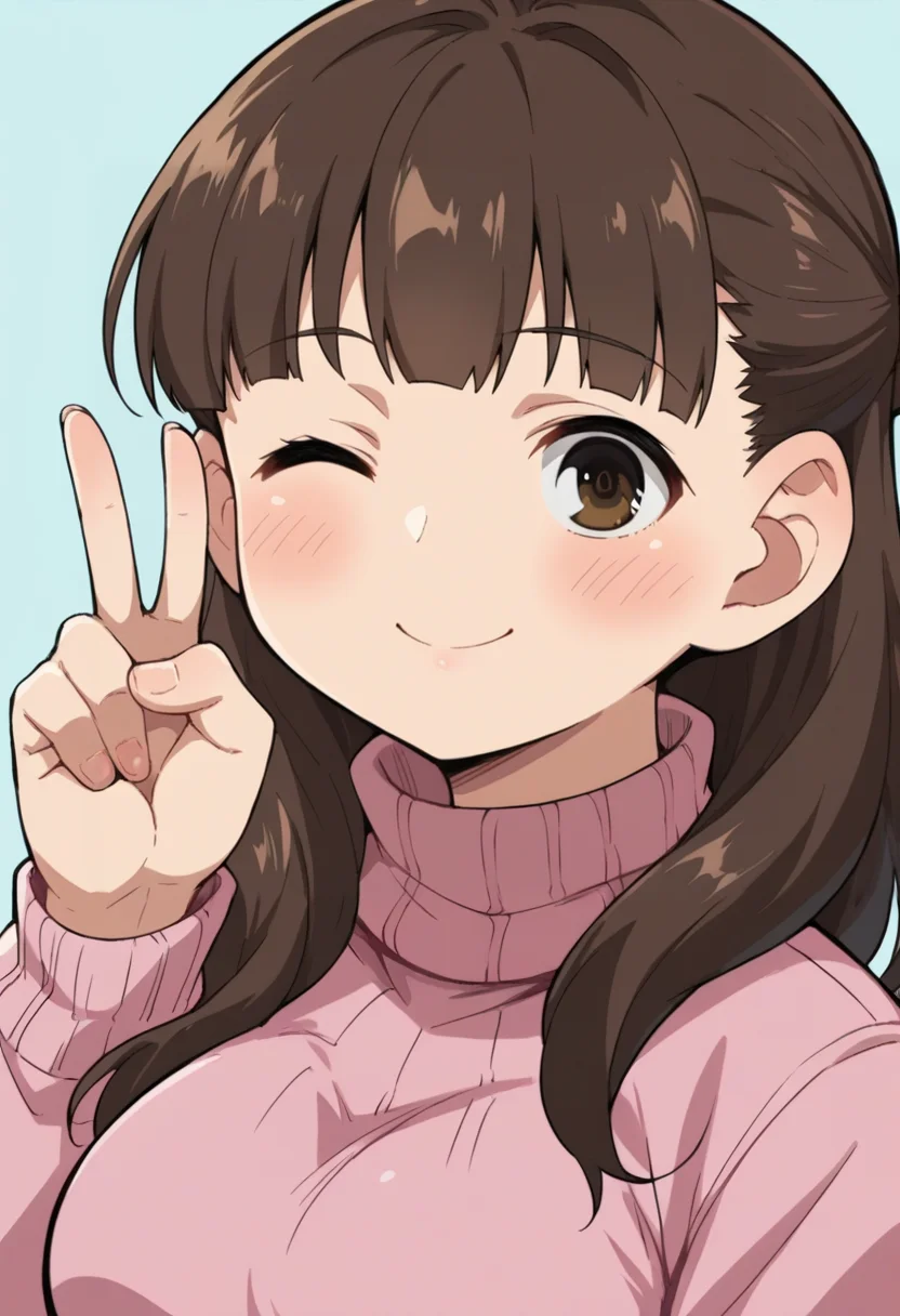 score_9, score_8_up, score_8, source_anime, 1girl, <lora:MarinaSugisaki:0.85> brown eyes, brown hair, long hair, pink turtleneck, breasts, blush, smile, v sign, wink,
simple background, light blue background,
