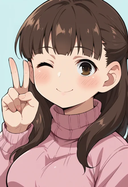 score_9, score_8_up, score_8, source_anime, 1girl, <lora:MarinaSugisaki:0.85> brown eyes, brown hair, long hair, pink turtleneck, breasts, blush, smile, v sign, wink,
simple background, light blue background,