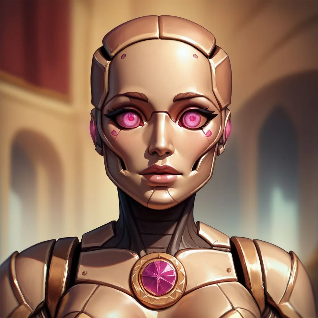 score_9, score_8_up, 8, score_7_up, score_6_up, ((masterpiece)), portrair,
warforged, metal body, robot, 1girl, pink eyes, gold metal,
fantasy background, blurred background