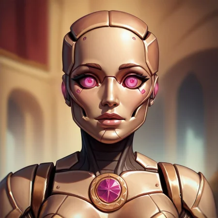 score_9, score_8_up, 8, score_7_up, score_6_up, ((masterpiece)), portrair, 
warforged, metal body, robot, 1girl, pink eyes, gold metal,
fantasy background, blurred background