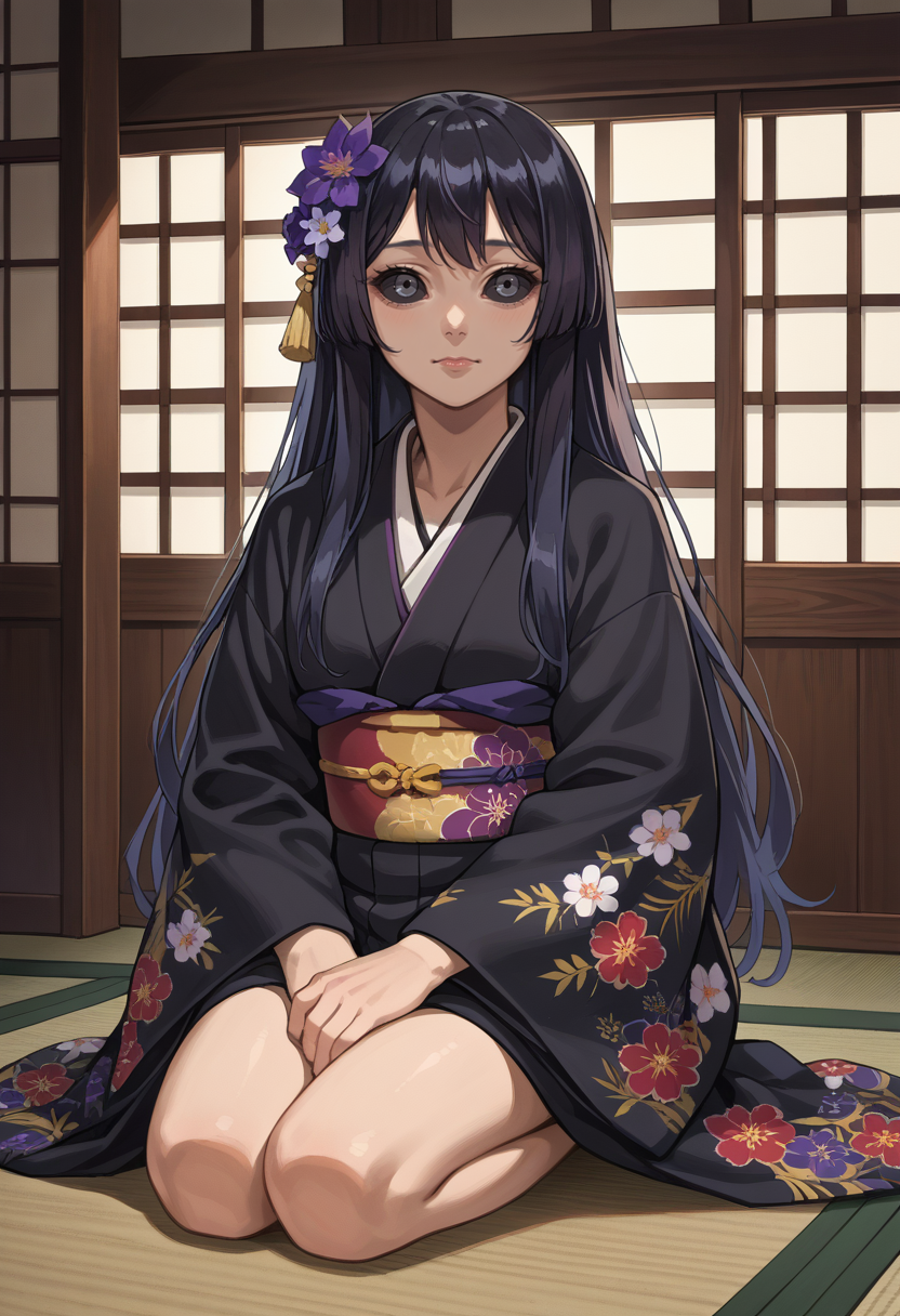 score_9, score_8_up, source_anime, 1girl, solo, KureKarura, black sclera, long hair, indoors, kimono, hair flower, floral print, wariza, kneeling, <lora:ChamKureKaruraPonyXL:1>