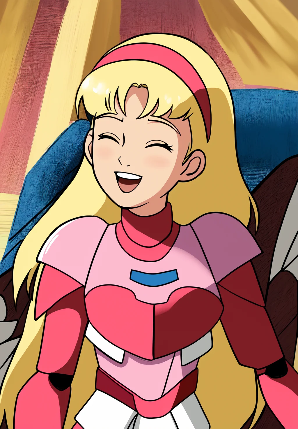 <lora:April_Eagle:0.8>, April_Eagle, solo, 1girl, blond hair, pink armor, blue eyes, ((masterpiece, absurdres, )) smile, open mouth, closed eyes, :d,