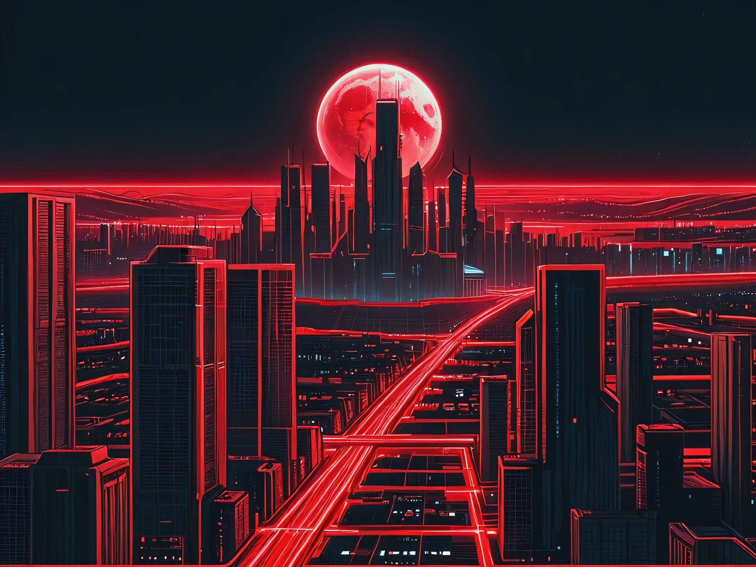 mad-cyberspace, cityscape, moon, red glowing outlines, grid, cyberpunk, 1980s, retro, scifi, <lora:Neon_Cyberpunk_Cyberspace_SDXL_v2:1>, (masterpiece:1.2), best quality