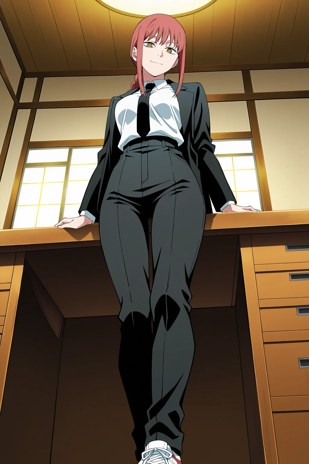 anime screencap, anime coloring, detailed face, masterpiece, best quality, very aesthetic, absurdres, volumetric lighting, official style, amazing quality, ultra detailed, highres, amazing quality, scenery, beautiful detailed hair, beautiful detailed eyes,
<lora:StS-Illustrious-Detail-Slider-v1.0:4>
indoors, in a room, single wooden office desk,
<lora:Makima_Chainsaw_Man:.9>
1girl, makima (chainsaw man), solo, braided ponytail, red hair, sidelocks, white collared shirt, black necktie, yellow eyes, ringed eyes, black pants, shirt tucked in, looking at viewer, standing, long hair, medium breasts, collared shirt, long sleeves, shoes, low angle, sadistic smile, girl looking down at the viewer, black jacket,