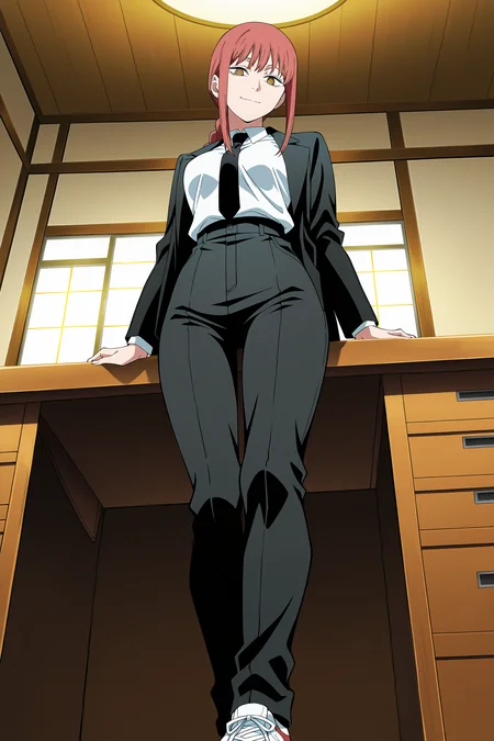 anime screencap, anime coloring, detailed face, masterpiece, best quality, very aesthetic, absurdres, volumetric lighting, official style, amazing quality, ultra detailed,  highres, amazing quality, scenery, beautiful detailed hair, beautiful detailed eyes,
 <lora:StS-Illustrious-Detail-Slider-v1.0:4>
indoors, in a room, single wooden office desk,
 <lora:Makima_Chainsaw_Man:.9>
1girl, makima (chainsaw man), solo, braided ponytail, red hair, sidelocks, white collared shirt, black necktie, yellow eyes, ringed eyes, black pants, shirt tucked in, looking at viewer, standing, long hair, medium breasts, collared shirt, long sleeves,  shoes, low angle, sadistic smile, girl looking down at the viewer, black jacket,