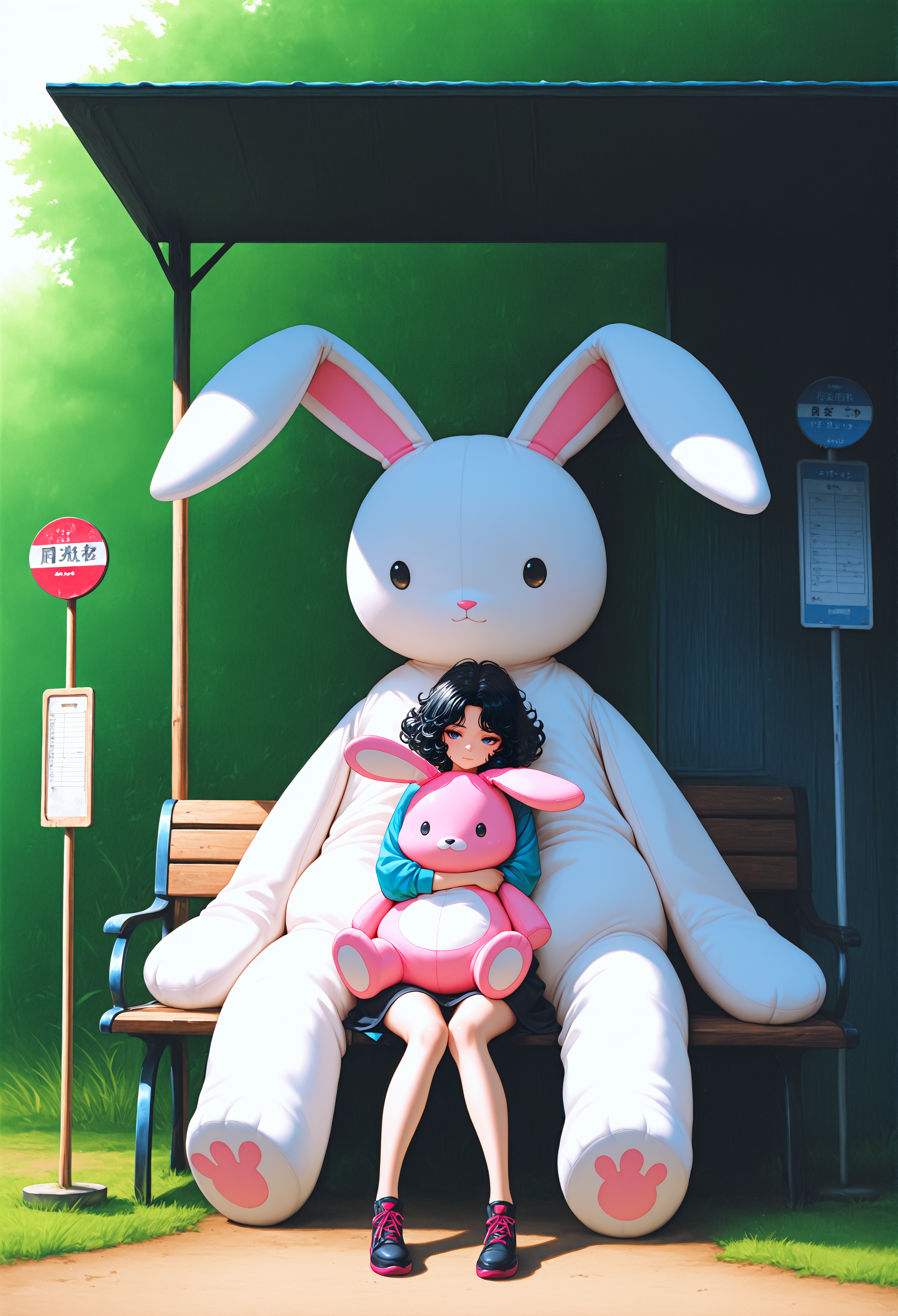 amazing quality, best quality, incredibly absurdres, highres, masterpiece, newest, , vibrant metallic colors, (colored pencil \(medium\):1.2), split lighting,
2girls, black curly hair, sitting on a bench, giant stuffed rabbit, hugging, grass, bus stop, (front view:1.4),