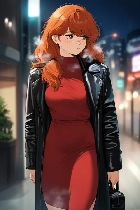 score_9, score_8_up, score_7_up, source_anime, dirty anime style, <lora:Dirty_anime_style:0.9>, 1girl, brown eyes, freckles, makeup, ginger hair, long hair, stylish, sweat, steaming, medium breast, (black leather coat, red sexy dress, bag over shoulder) BREAK walking, looking away, bored, front view, blurry background, solo focus, solo, outdoors, city, at night, best quality, high quality