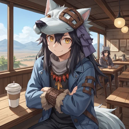 score_9, score_8_up, score_7_up, score_6_up, source_anime, BREAK, <lora:FlunkyPonyXL:0.75> , fludef, 1boy, black hair, long hair, yellow eyes, wolf hat, wolf hood, wolf pelt, wolf tail, grey scarf, bandana around neck, necklace, tooth necklace, fur-trimmed jacket, black shirt under jacket, black pants, smile, closed mouth, looking at viewer, happy, scenery, interior, indoors, cafe, coffee shop, shrubs, dead trees, (solo), <lora:backgroundsetXL:0.25> , background, village, wasteland, desert,  sitting,  <lora:Sh1r3nXLP:0.6> , (Sh1r3n:1.2), crossed arms,