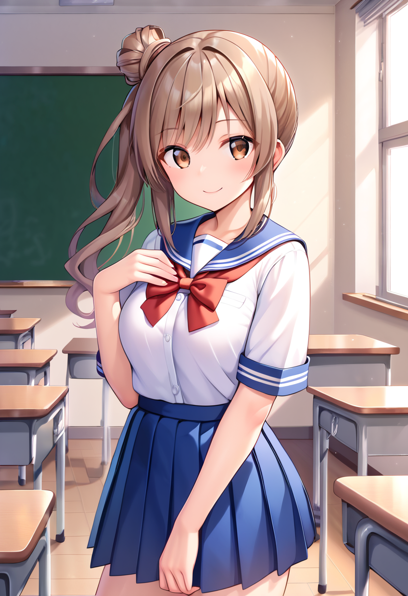 score_9, score_8_up, score_7_up, score_6_up, score_5_up, score_4_up, source_anime,
BREAK,
solo, 1girl, standing, looking at viewer, smile, school uniform, classroom, 
<lora:satou_sasara_ponyXL_v1:1> satou sasara, brown hair, side ponytail, single hair bun, long hair, brown eyes,