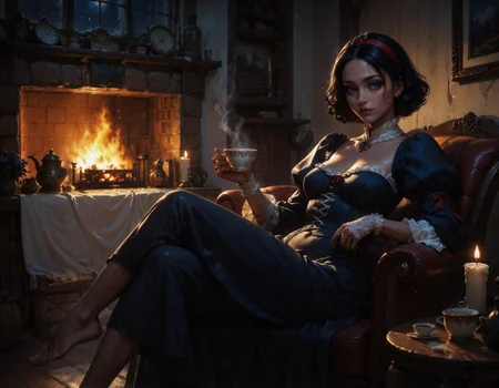 score_9, score_8_up, score_7_up, score_6_up, score_5_up, score_4_up, gothic, medieval, 1girl, Snow White and seven dwarves, short black hair, sitting, cup of tea, hot tea, posing, looking at viewer, pearls, lace gloves, living room, fireplace, fire, night, candle-lit, oiled skin, tan skin, sultry look