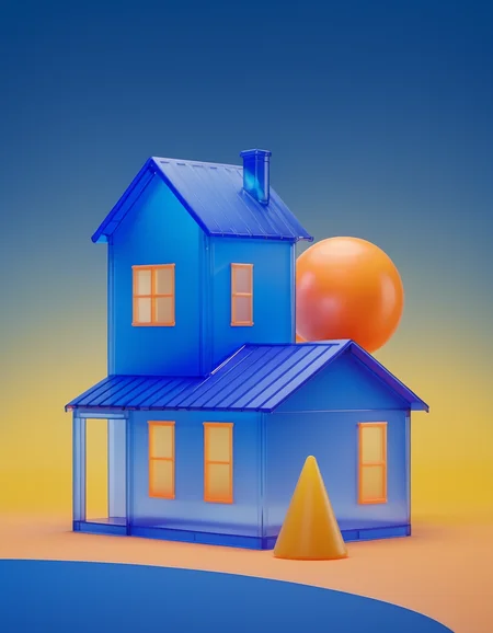 3d render of a blue house, translucent plastic, yellow studio background, orange objects, light glow, bloom <lora:3d-render:1>