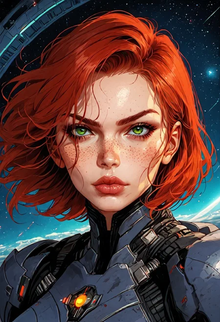 ((zPDXL3)), score_9, score_8_up, score_8, ((full body)), (sexy:2.5), (SuperQuality:1.0) ~ (SuperQuality:1.2), Science Fiction, Star Wars, perfecteyes, ultra detailed, high resolution, high quality, masterpiece, intricate details, intricate body, intricate landscape, knva, Expressiveh, European Instagram Model, upper body shot, low light, spaceship background,
BREAK
1girl, solo, source_cartoon, mature female, 1girl, femshep, red hair, short hair, green eyes, freckles, science fiction armor, boots, confident stance, cocked hip, cowboy shot, beautiful, full lips, looking at viewer, closed mouth,
