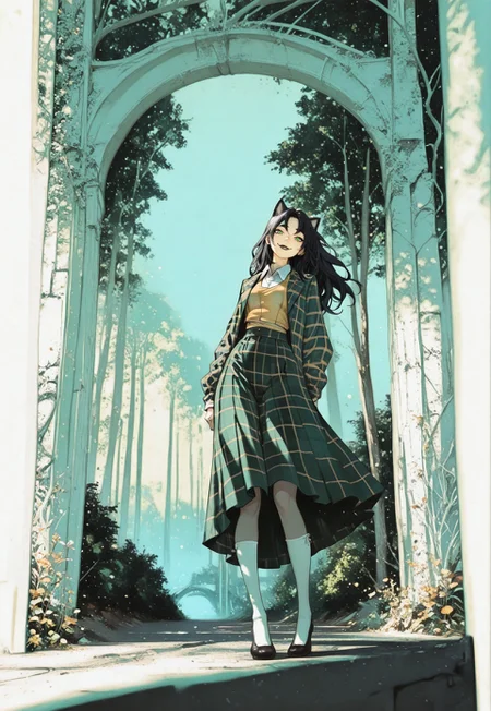 masterpiece, best quality, (looking at viewer), cinematic, a photograph with a mature female focus, traditional media, aged up, 1girl, trees, bridge, professor, cute realism theme, thick eyebrows, fit female, pantyhose unitard, long torso, perfect legs, perfect ears, shego,  solo, long hair, black lips, black hair, green eyes,  boots, yellow plaid jacket, plaid long skirt, white collared shirt, white kneehighs, yellow vest, pumps, all eyes on her focus,  fun, happy and smug, glowing, createconcept, addmicrodetails, Fit Belly, fun green theme, dynamic angle, ayami kojima, 8k detail, createconcept, addmicrodetails, wide torso, character_concept,  extremely beautiful girl, flowing hair, ridiculous, chaotic art, fine art, color difference, creative, body gal, beautiful hair, expert shading, FitBelly, popart, halftone, screentones, textured,  ArsMJStyle, Delicate Whimsy, 