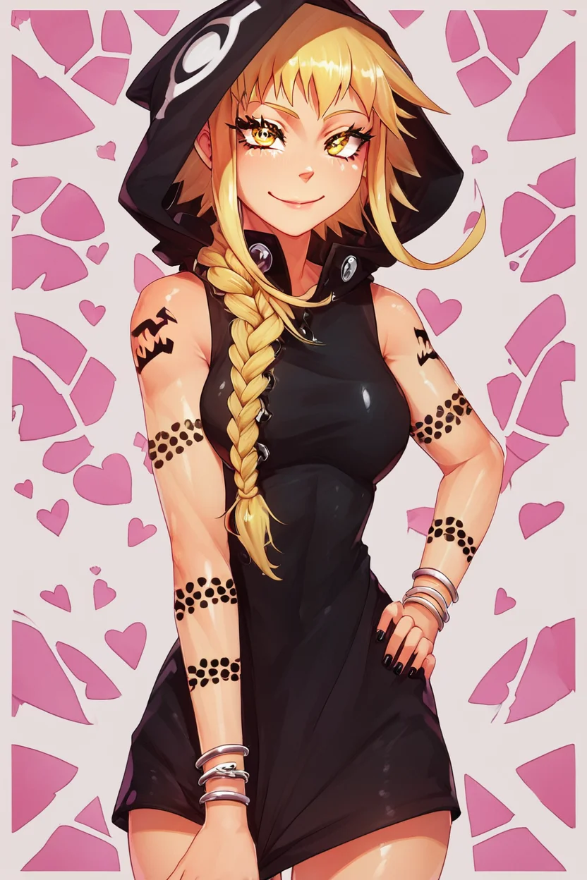 score_9, score_8_up, score_8, medium breasts, (curvy), cute, eyelashes, BREAK, , zzMedusa, blonde hair, long hair, braid, yellow eyes, tattoo, hood, jewelry, bracelet, sleeveless, nail polish, hoodie, braid, black nails, <lora:Medusa_SoulEater_PDXL_v2:1.0>, BREAK, smile, closed mouth, looking at viewer, cowboy shot, ,,, embedding:zPDXL, Expressiveh, ,,, <lora:Puppypaww_Style_PDXL_v2:0.8>, <lora:SDXLFaeTastic2400:0.5>, <lora:Expressive_H-000001:0.4>,