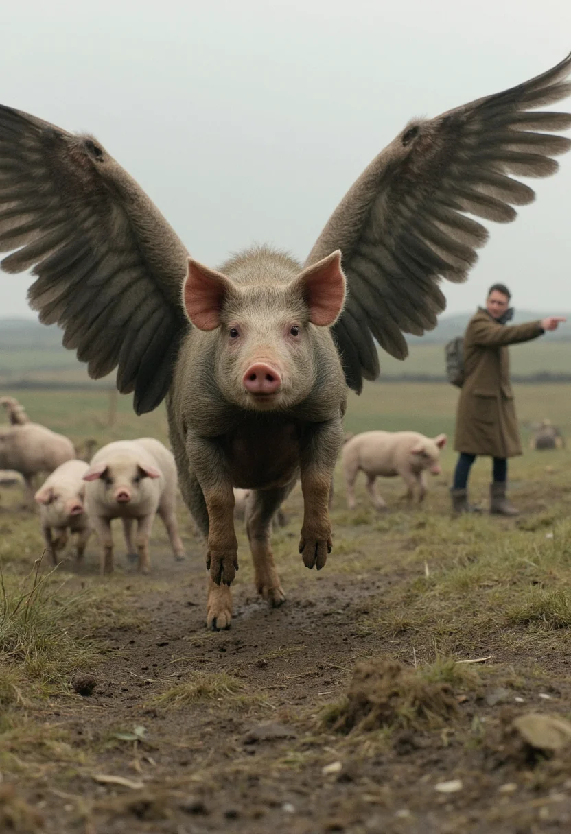 professional photography of a pig with long grey wings flying towards the viewer, with detailed skin feathers and hair, dirty and muddy. In the background, there are more winged pigs. A man in an anorak in the distance is pointing at the pig in awe. Set in a rural english landscape, photorealistic, detailed, style of national geographic <lora:dark_cinematic_flux_1_0:1>