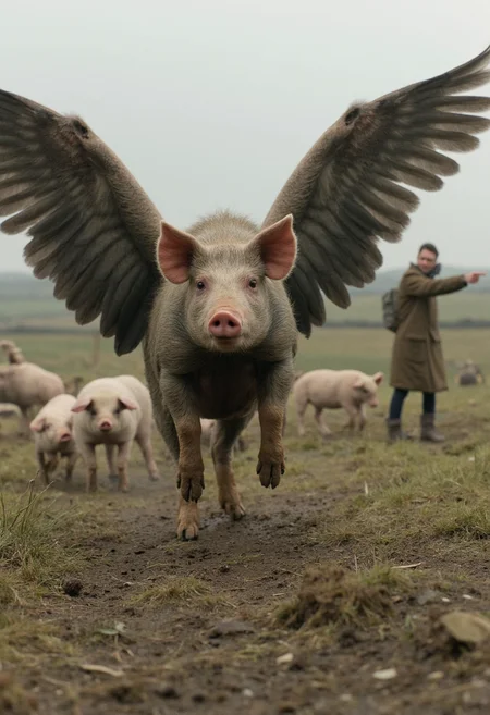 professional photography of a pig with long grey wings flying towards the viewer, with detailed skin feathers and hair, dirty and muddy. In the background, there are more winged pigs. A man in an anorak in the distance is pointing at the pig in awe. Set in a rural english landscape, photorealistic, detailed, style of national geographic <lora:dark_cinematic_flux_1_0:1>