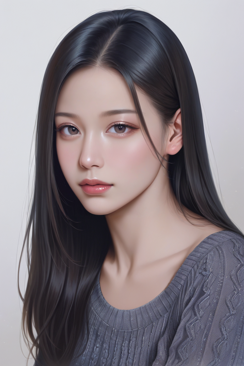 (photorealistic), masterpiece, best quality, newest, absurdres, highres, realistic human skin texture,
20 years old, 8k, hd, beautiful girl, 1girl, solo, black hair, long hair, straight hair,
1girl, detailed face, beautiful woman's face, sweater, simple background, looking at viewer,
